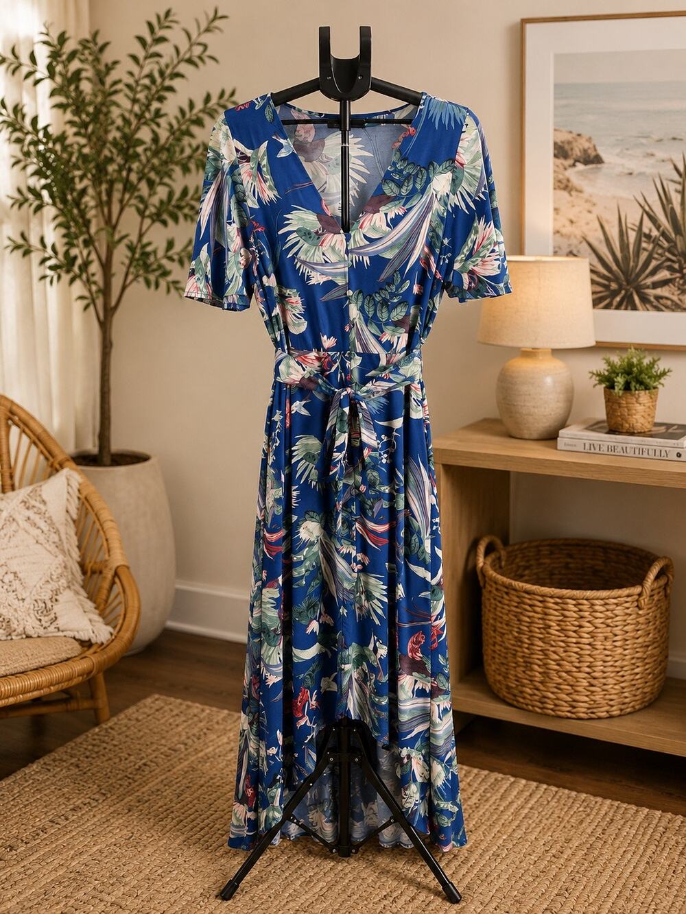 Cotton On Women’s M Blue Floral Maxi Dress Button Front Tie Waist Flutter Sleeve